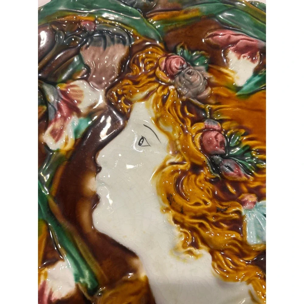 Art Nouveau Majolica Wall Plaque Woman Portrait Floral Relief Ceramic Plate 12